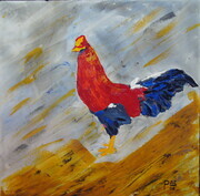 Red Rooster on Yellow and Grey