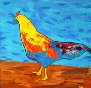 Rooster with Blue Tail Feathers