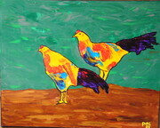 Two Roosters with Purple Tail Feathers