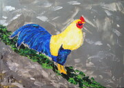 Yellow Rooster on Green and Grey